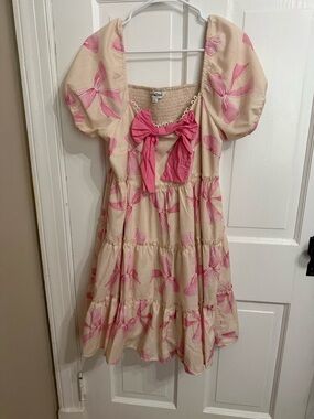Womans Cream Dress with Pink Bow Print -